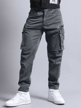 CK Men’s Gray Cotton Cargo Pants – Premium Denim, Relaxed Straight Fit, 6 Pockets, Mid-Rise Casual Trousers