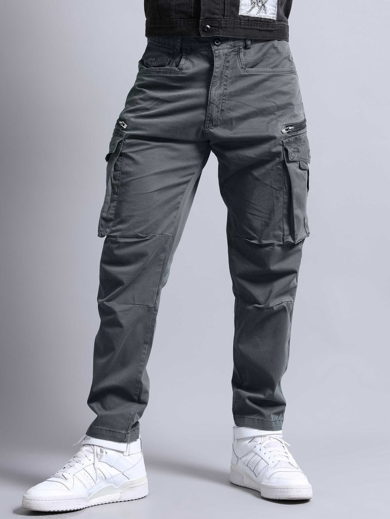 CK Men’s Gray Cotton Cargo Pants – Premium Denim, Relaxed Straight Fit, 6 Pockets, Mid-Rise Casual Trousers