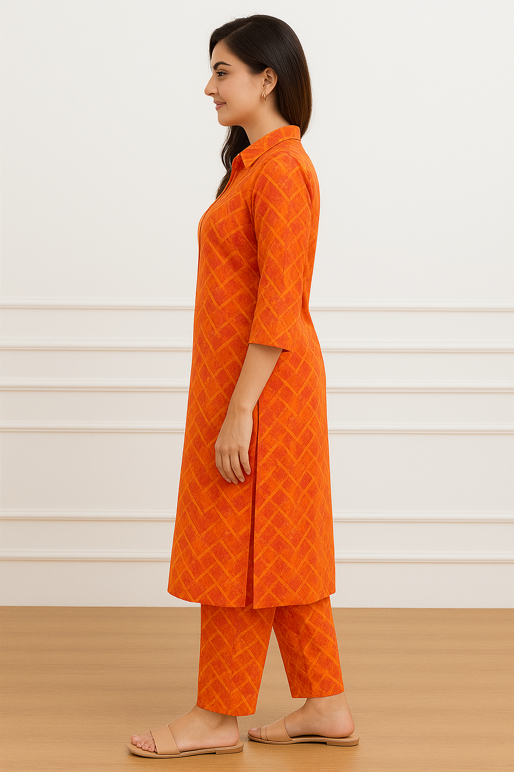 Women’s Orange Printed Cotton Kurta Set | Stylish Daily Wear with Pants