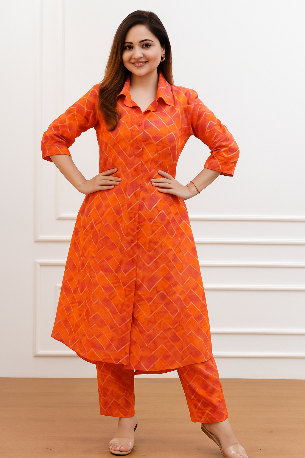 Women’s Orange Printed Cotton Kurta Set | Stylish Daily Wear with Pants