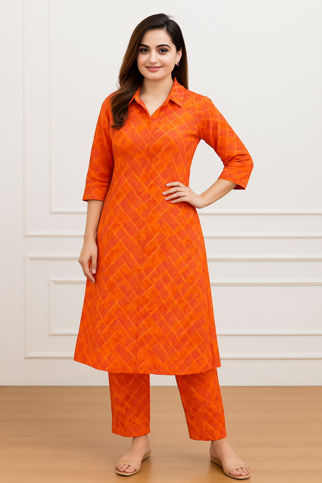 Women’s Orange Printed Cotton Kurta Set | Stylish Daily Wear with Pants