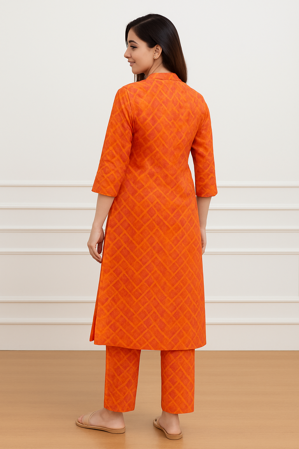 Women’s Orange Printed Cotton Kurta Set | Stylish Daily Wear with Pants