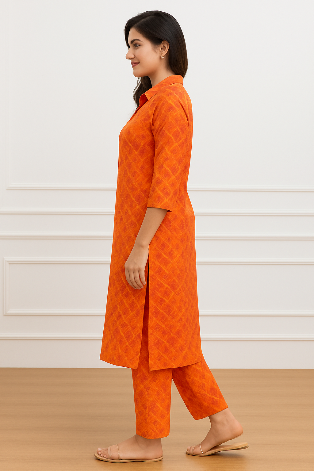 Women’s Orange Printed Cotton Kurta Set | Stylish Daily Wear with Pants