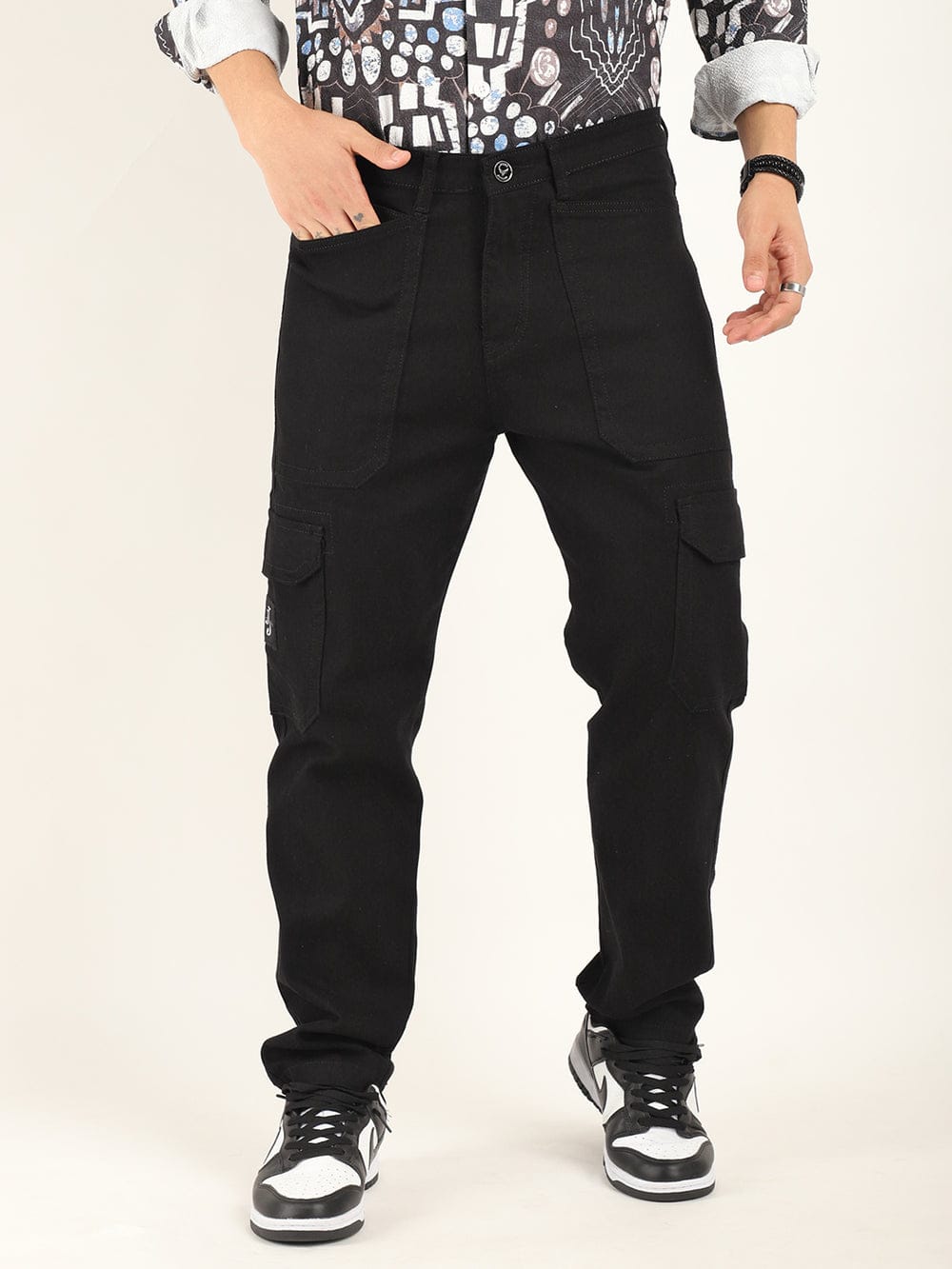 CK Dark Black Cotton Denim Cargo Pants for Men | Stretchable Slim Fit | Cristal Kart