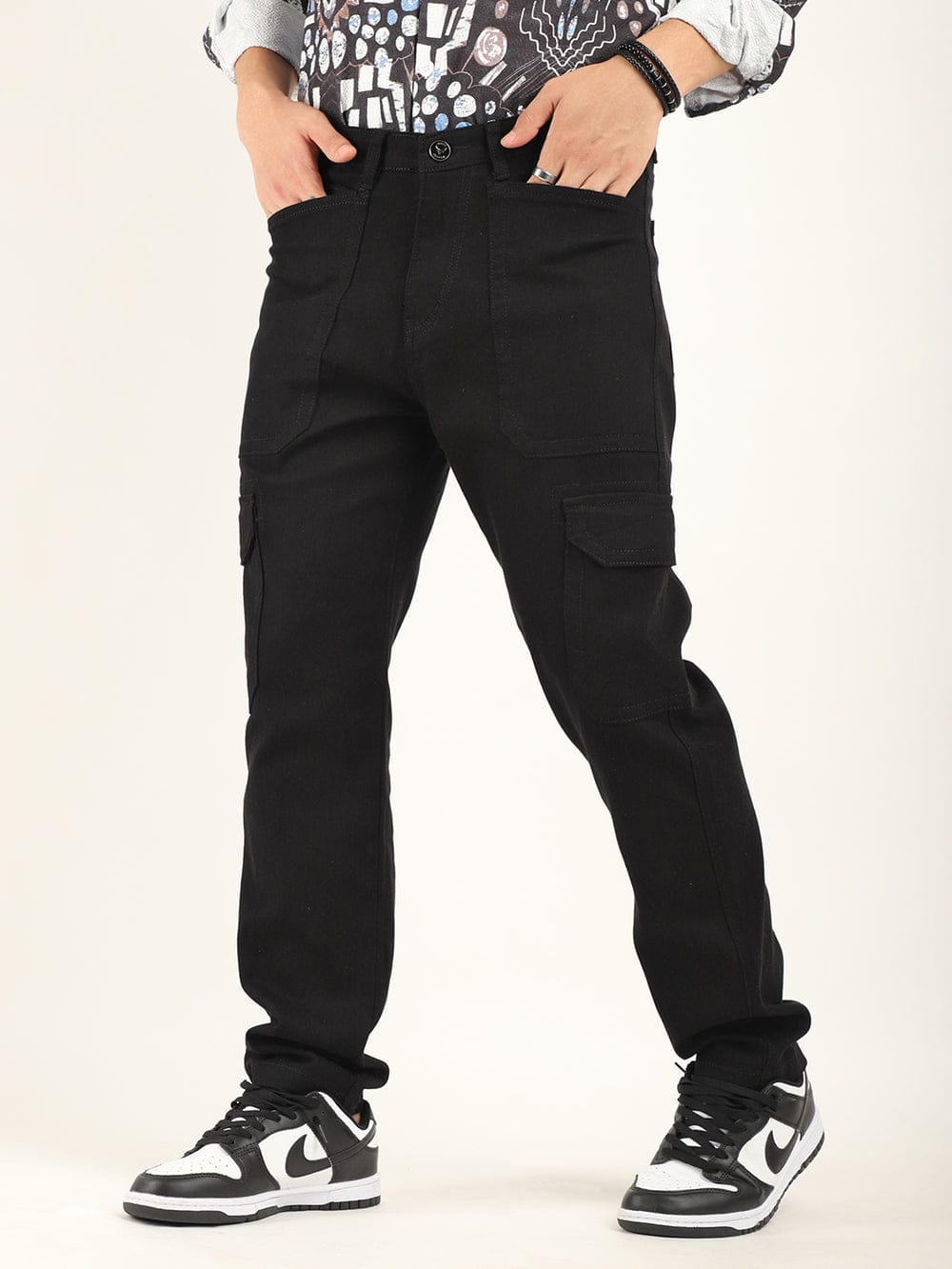 CK Dark Black Cotton Denim Cargo Pants for Men | Stretchable Slim Fit | Cristal Kart
