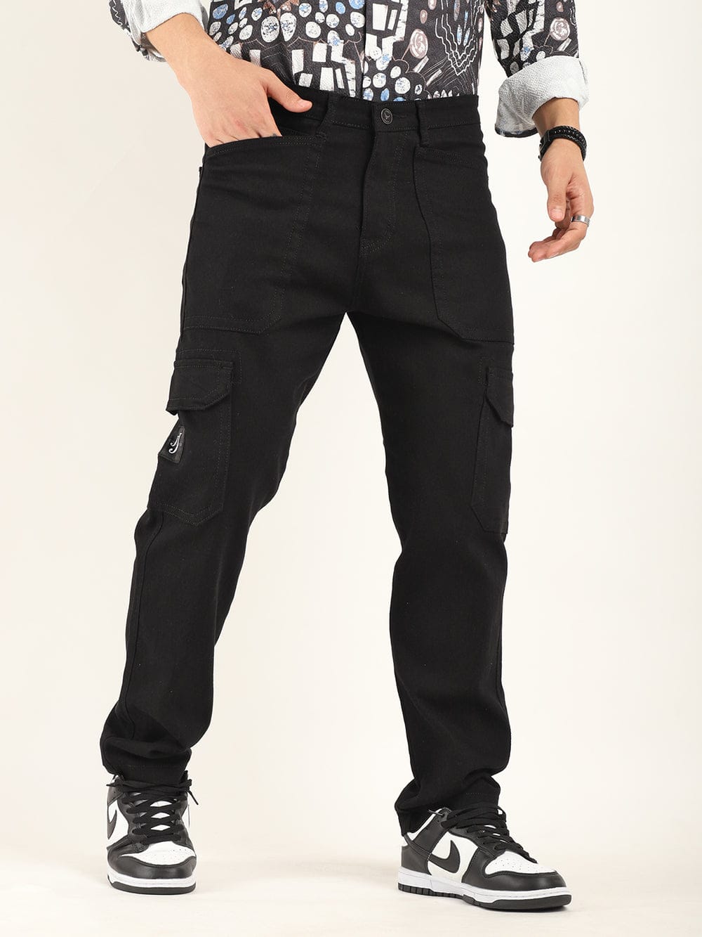 CK Dark Black Cotton Denim Cargo Pants for Men | Stretchable Slim Fit | Cristal Kart